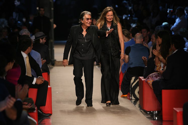 Roberto Cavalli and Eva Cavalli, designers during Milan Menswear Fashion Week Spring/Summer 2008 