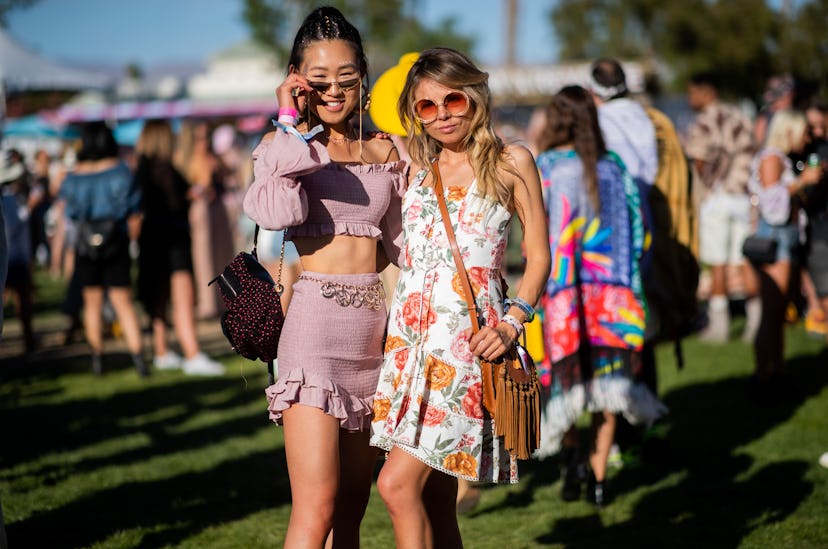 LA QUINTA, CALIFORNIA - APRIL 13: Jaime Xie is seen wearing pink cropped top and skirt and Erica Pel...