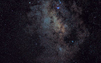 Widefield 240sec exposure of the Milky Way showing M8 Lagoon Nebula, M20 Trifid Nebula, Butterfly cl...