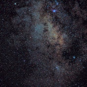 Widefield 240sec exposure of the Milky Way showing M8 Lagoon Nebula, M20 Trifid Nebula, Butterfly cl...