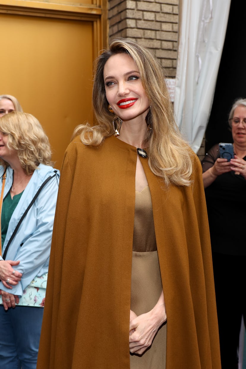 Angelina Jolie is seen attending the opening night of "The Outsiders" at The Bernard B. Jacobs Theat...