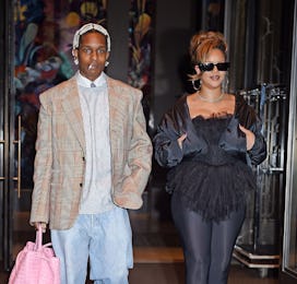 NEW YORK, NY - OCTOBER 3: ASAP Rocky and Rihanna are seen leaving Carbone restaurant after celebrati...