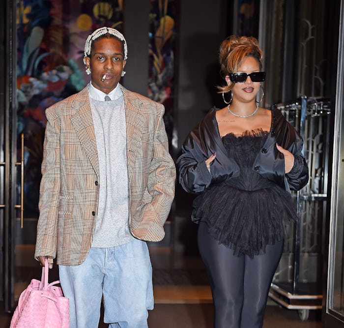 NEW YORK, NY - OCTOBER 3: ASAP Rocky and Rihanna are seen leaving Carbone restaurant after celebrati...