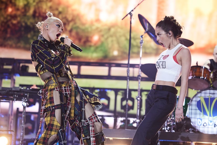 INDIO, CALIFORNIA - APRIL 13: (L-R) Gwen Stefani of No Doubt and Olivia Rodrigo perform at the Coach…