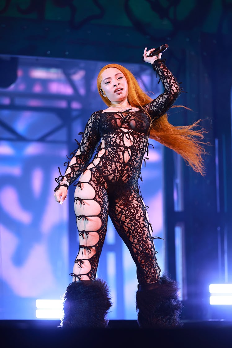 Ice Spice wears lace catsuit at Coachella 2024.