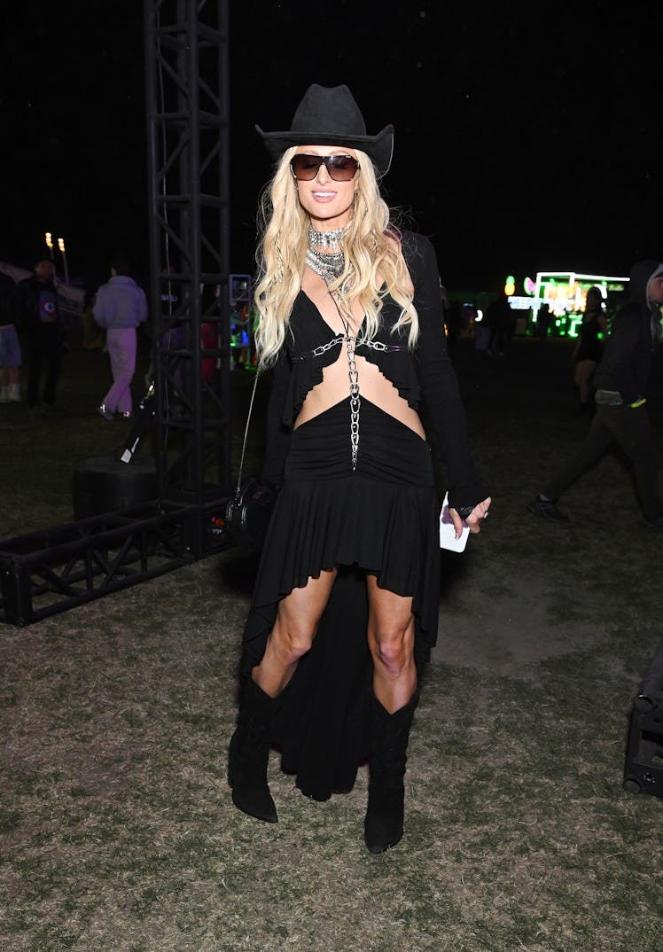Paris Hilton wearing the cowgirl trend at Neon Carnival 2024.