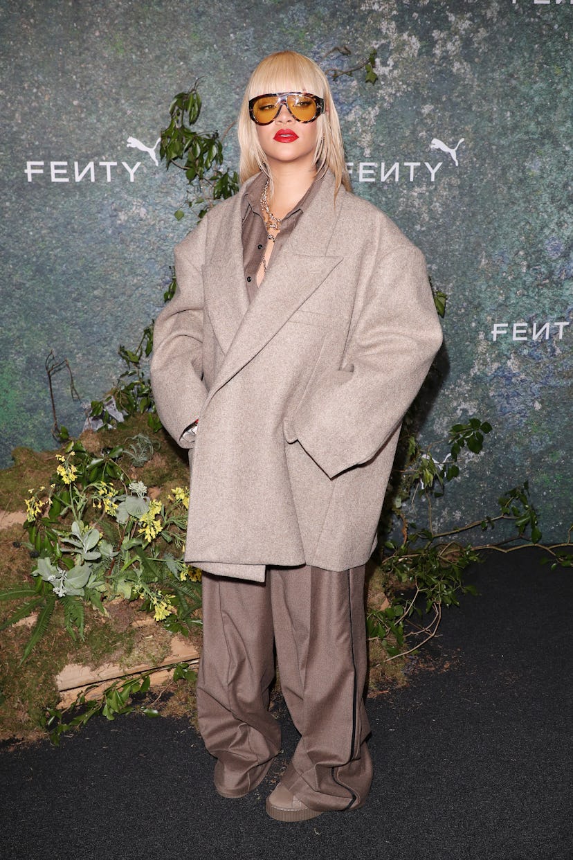 Rihanna Earthy Oversized Suit Set Fenty x PUMA launch party look