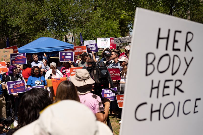 PHOENIX, ARIZONA - APRIL 17: Members of Arizona for Abortion Access, the ballot initiative to enshri...