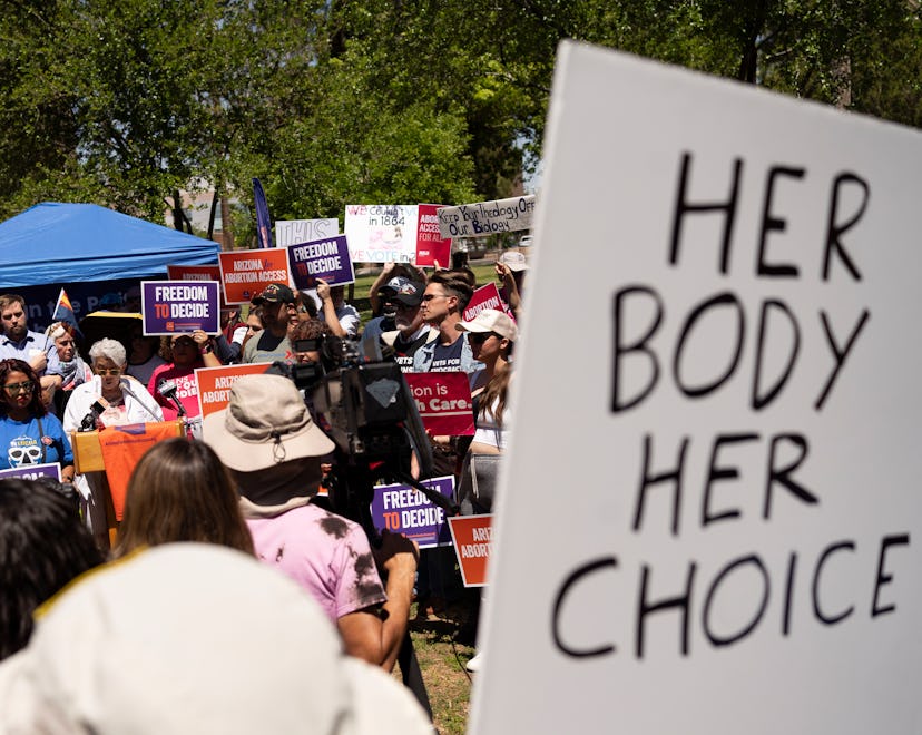 PHOENIX, ARIZONA - APRIL 17: Members of Arizona for Abortion Access, the ballot initiative to enshri...