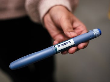 A counterfeit Novo Nordisk A/S Ozempic pen arranged at a warehouse operated by the UK's Medicines an...