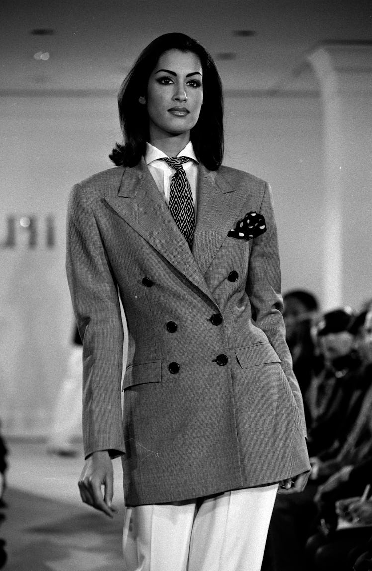 Model Yasmeen Ghauri at Ralph Lauren Spring 1992.