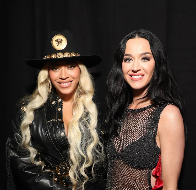 Beyoncé and Katy Perry pose backstage during the 2024 iHeartRadio Music Awards at Dolby Theatre in L...