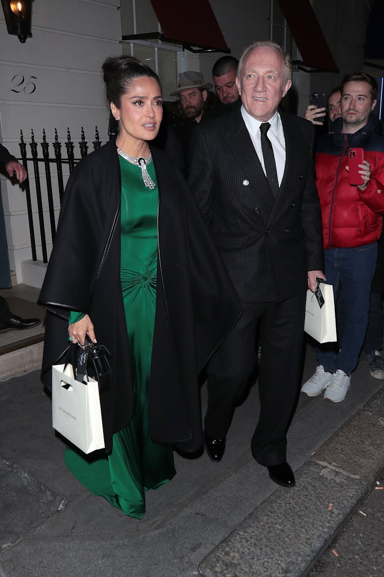 Salma Hayek and François-Henri Pinault are seen leaving Victoria Beckham - 50th birthday party at Os...