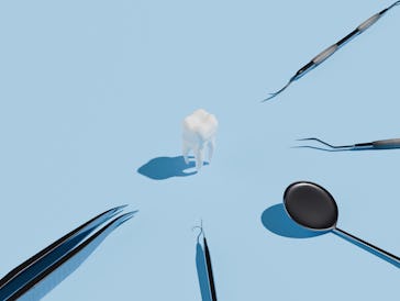 Conceptual image of a single white tooth surrounded by dental tools and room for copy