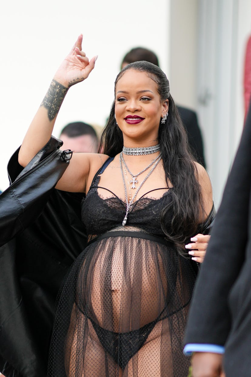 Rihanna is seen outside the Dior show, during Paris Fashion Week - Womenswear F/W 2022-2023, on Marc...