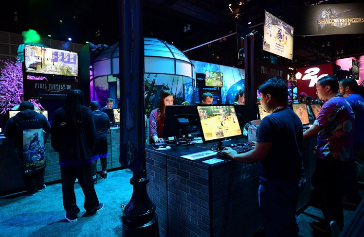 Gaming fans play "Final Fantasy XIV: Shadowbringers" at the 2019 Electronic Entertainment Expo, also...