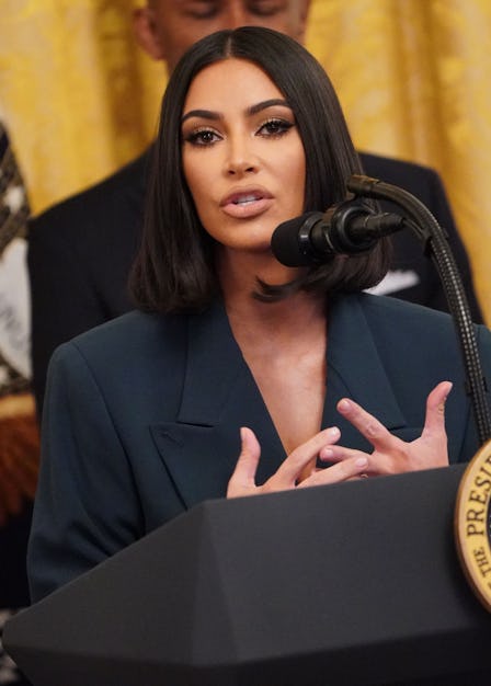 Kim Kardashian speaks as US President Donald Trump holds an event on second chance hiring and crimin...