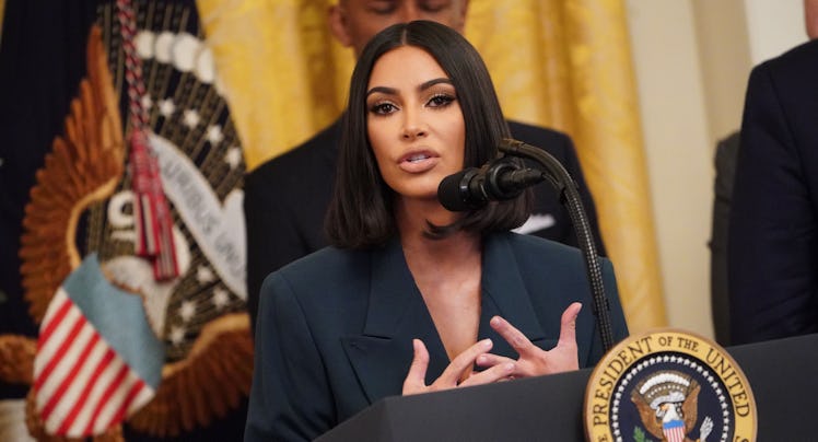 Kim Kardashian speaks as US President Donald Trump holds an event on second chance hiring and crimin...