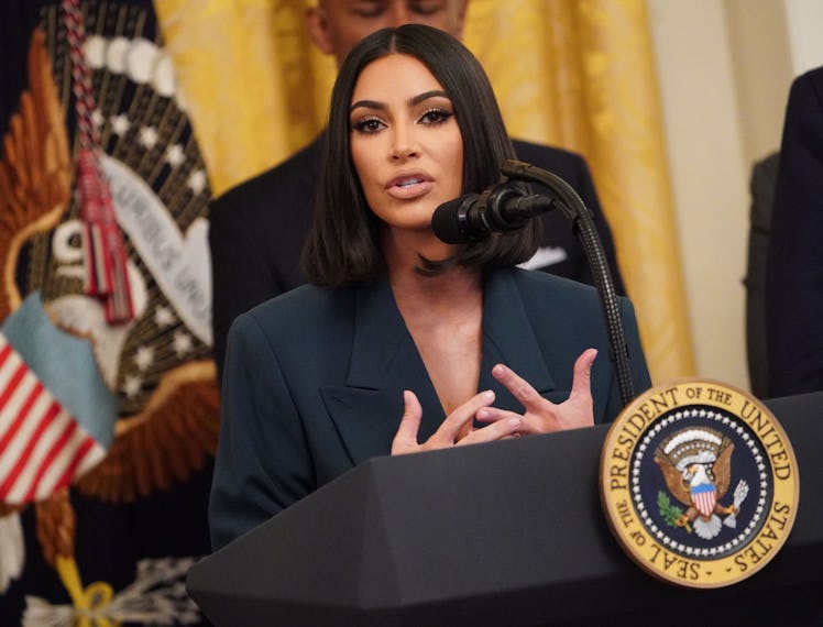 Kim Kardashian speaks as US President Donald Trump holds an event on second chance hiring and crimin...