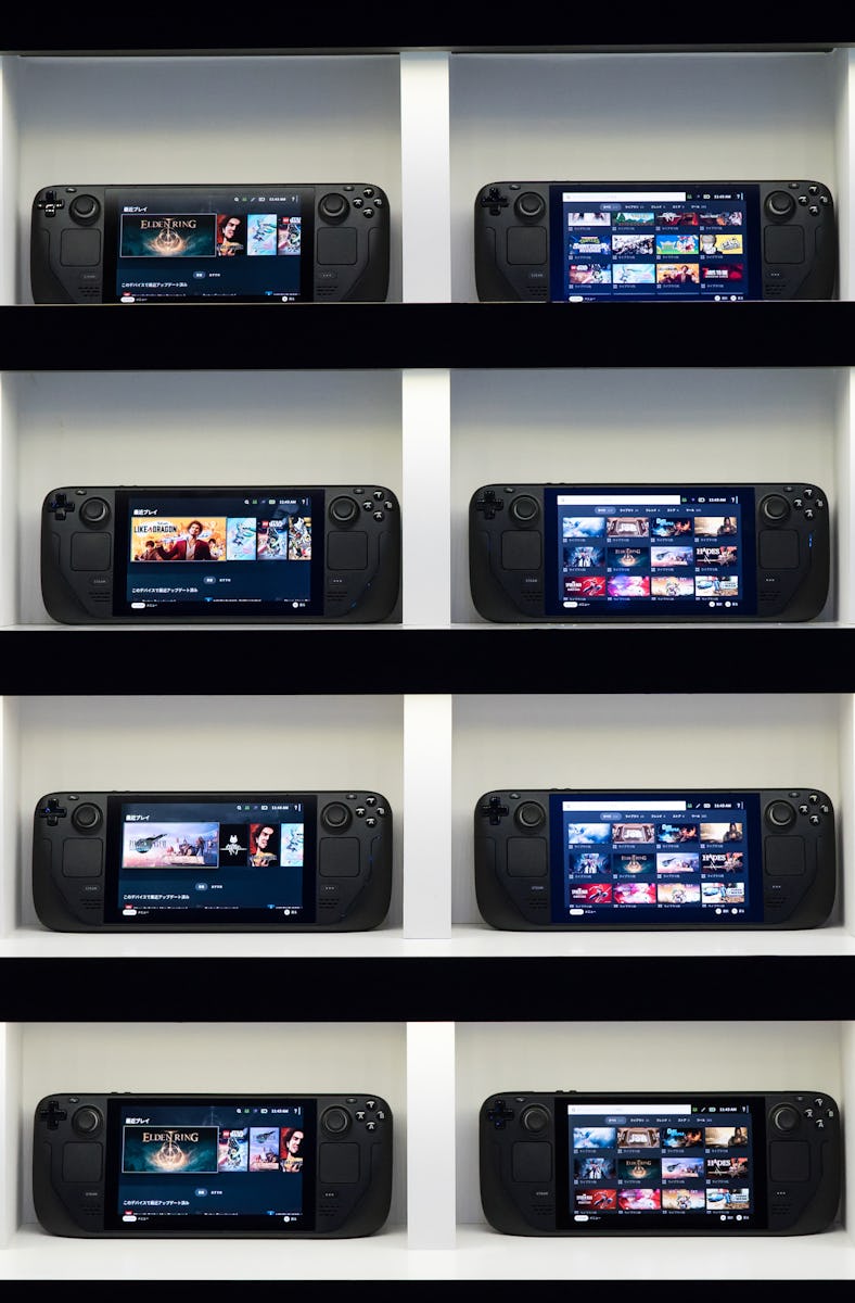 CHIBA, JAPAN - SEPTEMBER 15: Steam Deck handheld gaming consoles are displayed at the Tokyo Game Sho...