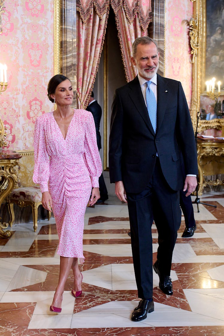 King Felipe VI of Spain and Queen Letizia of Spain attend a luncheon for world literature members on...