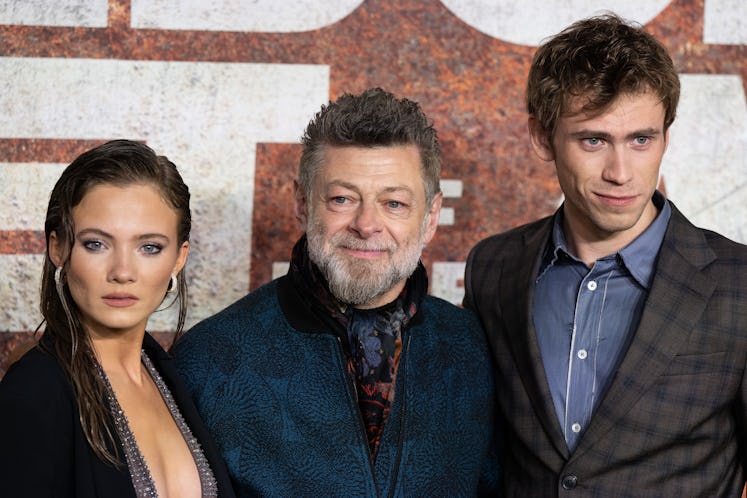 LONDON, ENGLAND - APRIL 25: (L-R) Freya Allan, Andy Serkis and Owen Teague attend the "Kingdom Of Th...