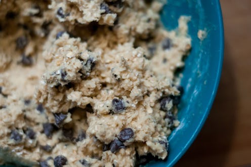 Chocolate Chip cookie dough in a blue bowl