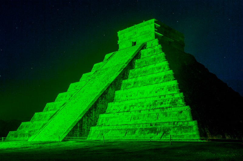 MEXICO - 2007/07/04: View of El Castillo (Temple of Kukulcan), the great Mayan pyramid, at night dur...