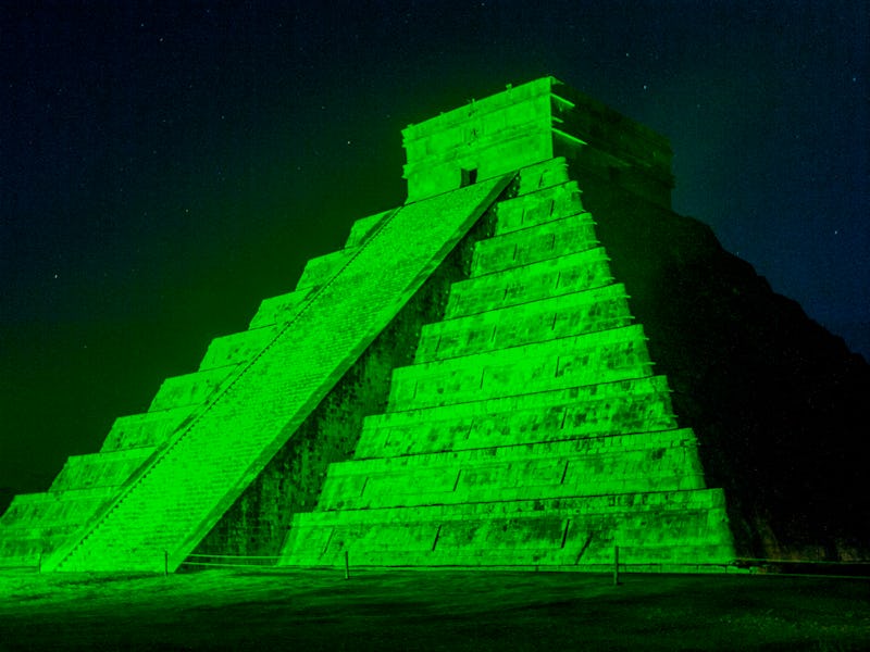 MEXICO - 2007/07/04: View of El Castillo (Temple of Kukulcan), the great Mayan pyramid, at night dur...