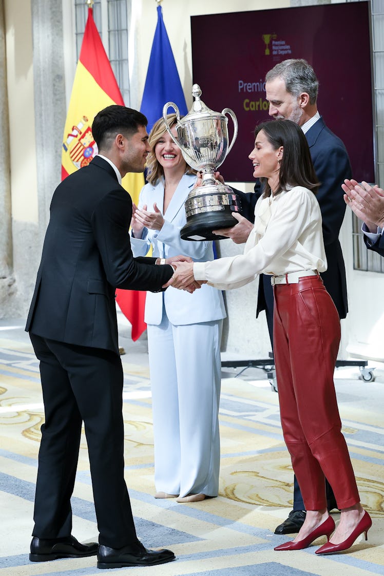 Carlos Alcaraz receives the National Sports Award 2022 at El Pardo Palace on April 04, 2024 in Madri...
