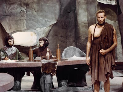 The Planet of the Apes Charlton Heston, Roddy McDowall and Kim Hunter in court room scene from the 1...