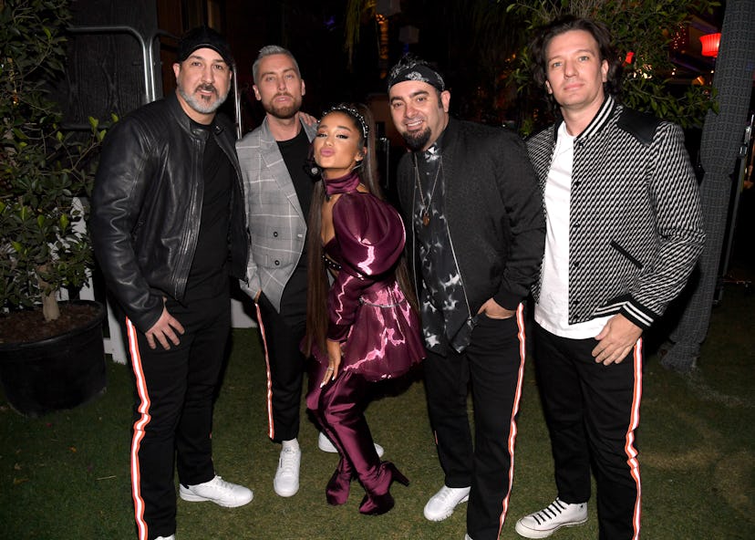 INDIO, CALIFORNIA - APRIL 14: Ariana Grande (C) with members of NSYNC Joey Fatone, Lance Bass, Chris...