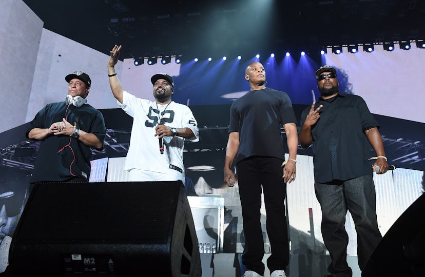 INDIO, CA - APRIL 23:  (L-R) Members of N.W.A. DJ Yella, Ice Cube, Dr. Dre and MC Ren perform onstag...