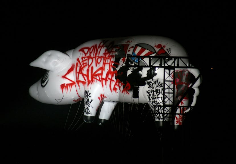 INDIO, CA - APRIL 27:  The Pig flies over the stage during Roger Waters performance at day 3 of the ...