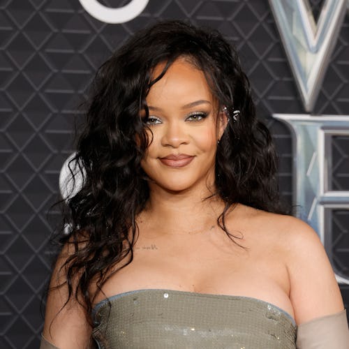 Rihanna satin coat and distressed jeans pearl necklaces outfit