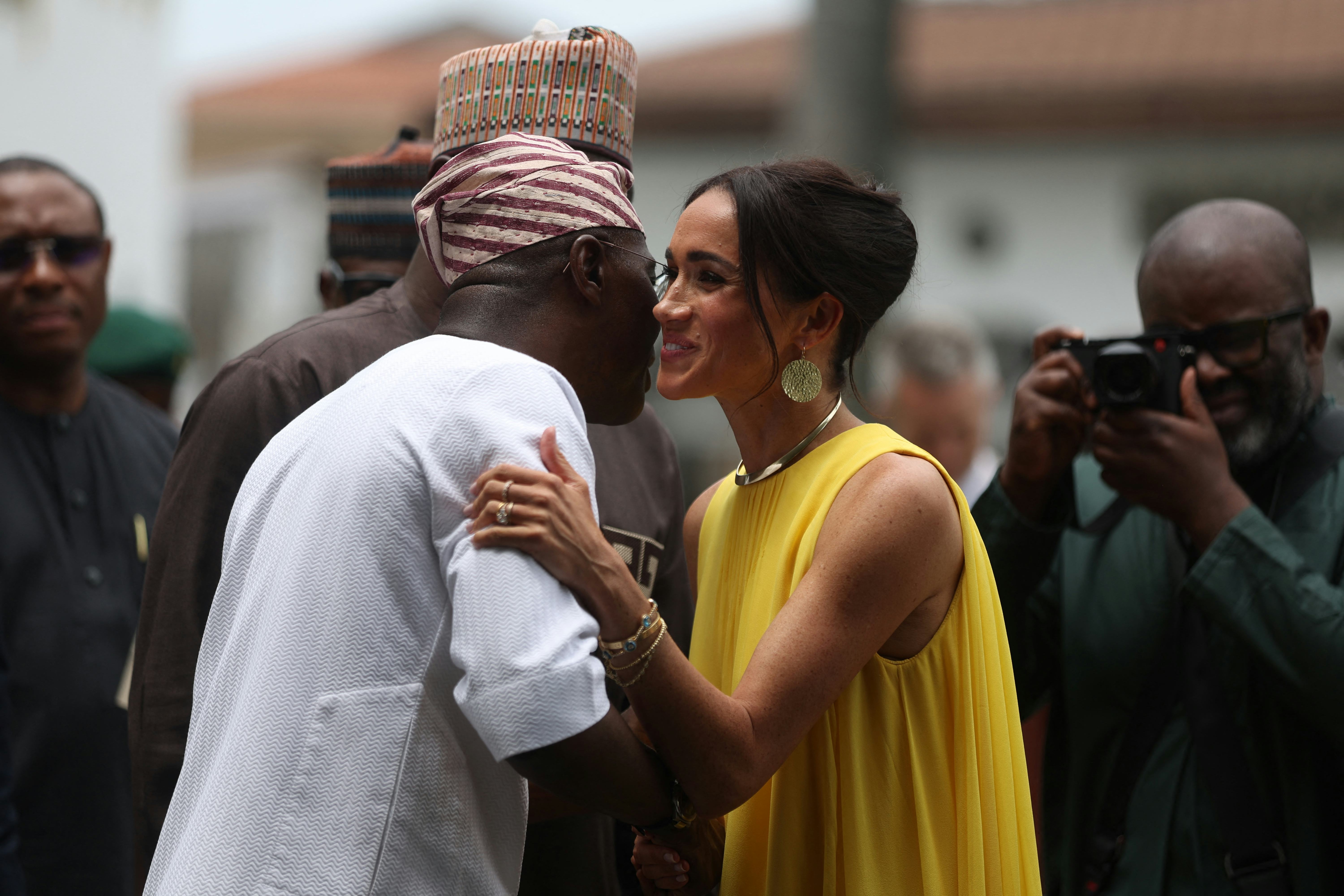 Lagos State Governor, Babajide Sanwo-Olu (L), welcomes Britain&rsquo;s Meghan (R), Duchess of Sussex,  as &hellip;