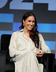 AUSTIN, TEXAS - MARCH 08: Meghan, Duchess of Sussex speaks onstage during the Breaking Barriers, Sha...