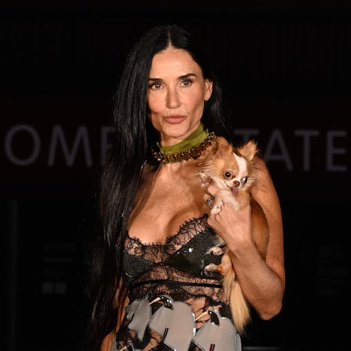 Demi Moore wore a semi-sheer lingerie dress at the Gucci Cruise 2025 show