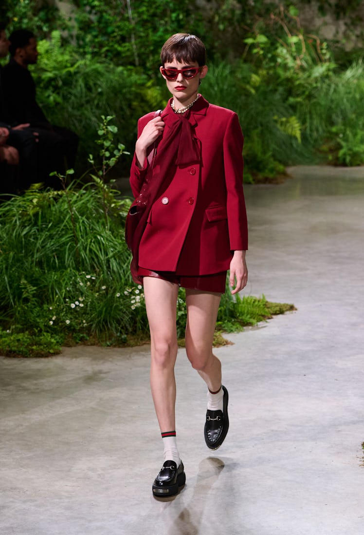 Model on the runway at Gucci Cruise 2025 Fashion Show held at the Tate Modern on May 13, 2024 in Lon...