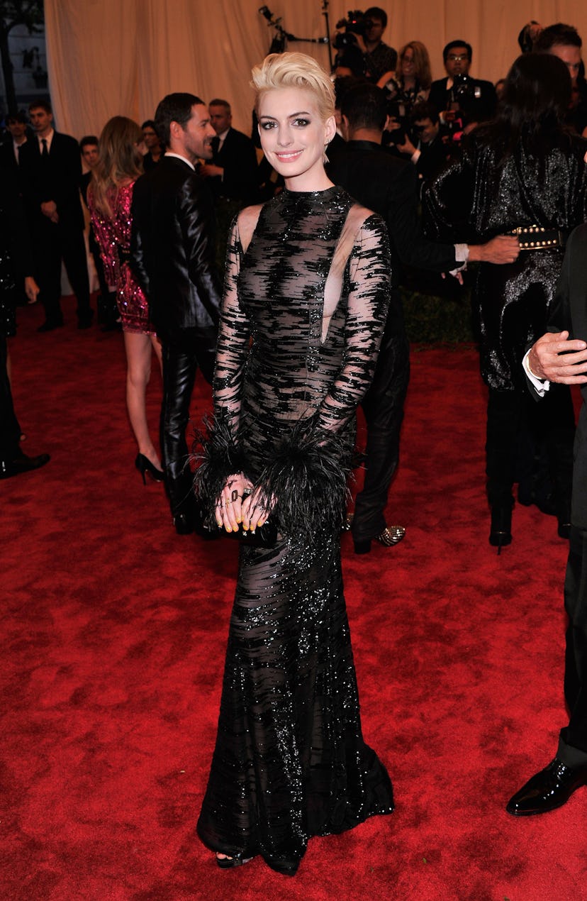 Anne Hathaway attends the Costume Institute Gala for the “PUNK: Chaos to Couture” exhibition at the …