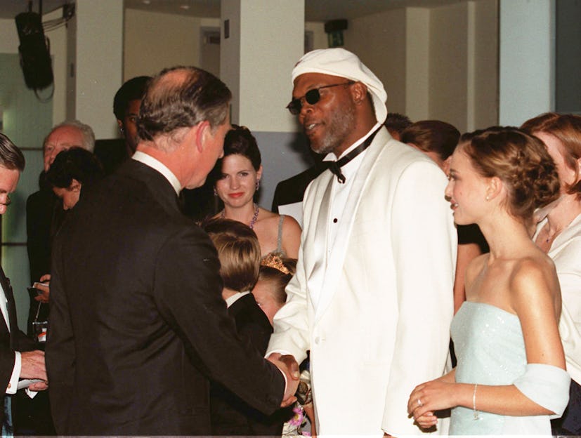 Then-Prince Charles meets Samuel L. Jackson and Natalie Portman at the premiere of 'The Phantom Mena...