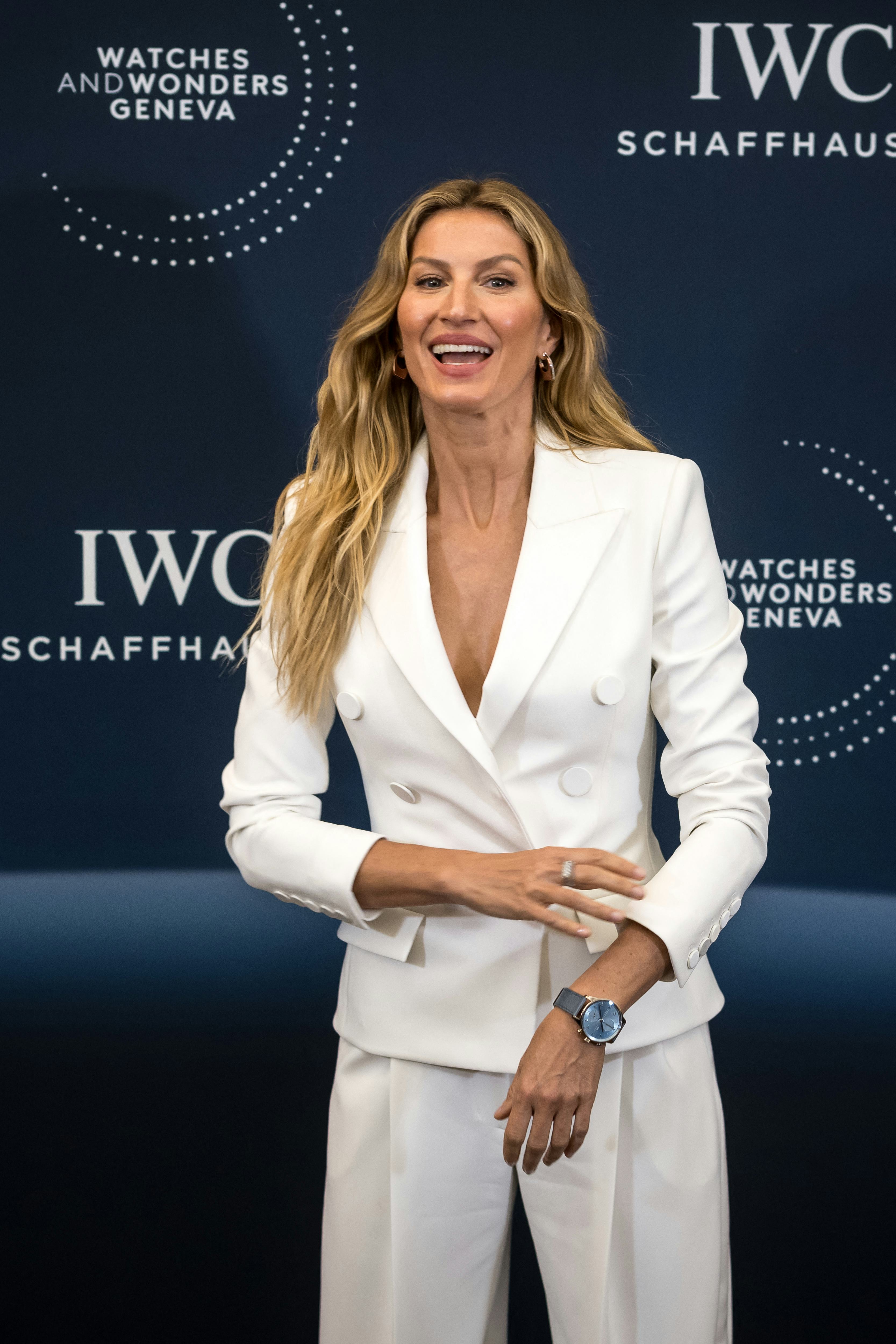 Brazilian model Gisele Bundchen poses during the opening day of the "Watches and Wonders Geneva" lux...