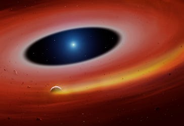 Artist's impression of a disintegrating exoplanet orbiting within a planetary debris disc. This plan...