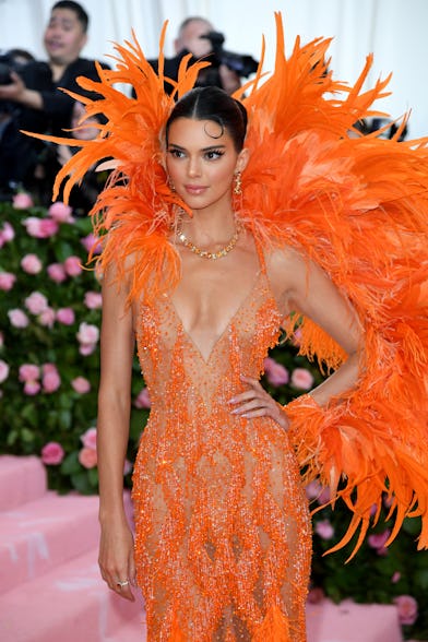 Kendall Jenner attends The 2019 Met Gala Celebrating Camp: Notes On Fashion in an orange feathered g...