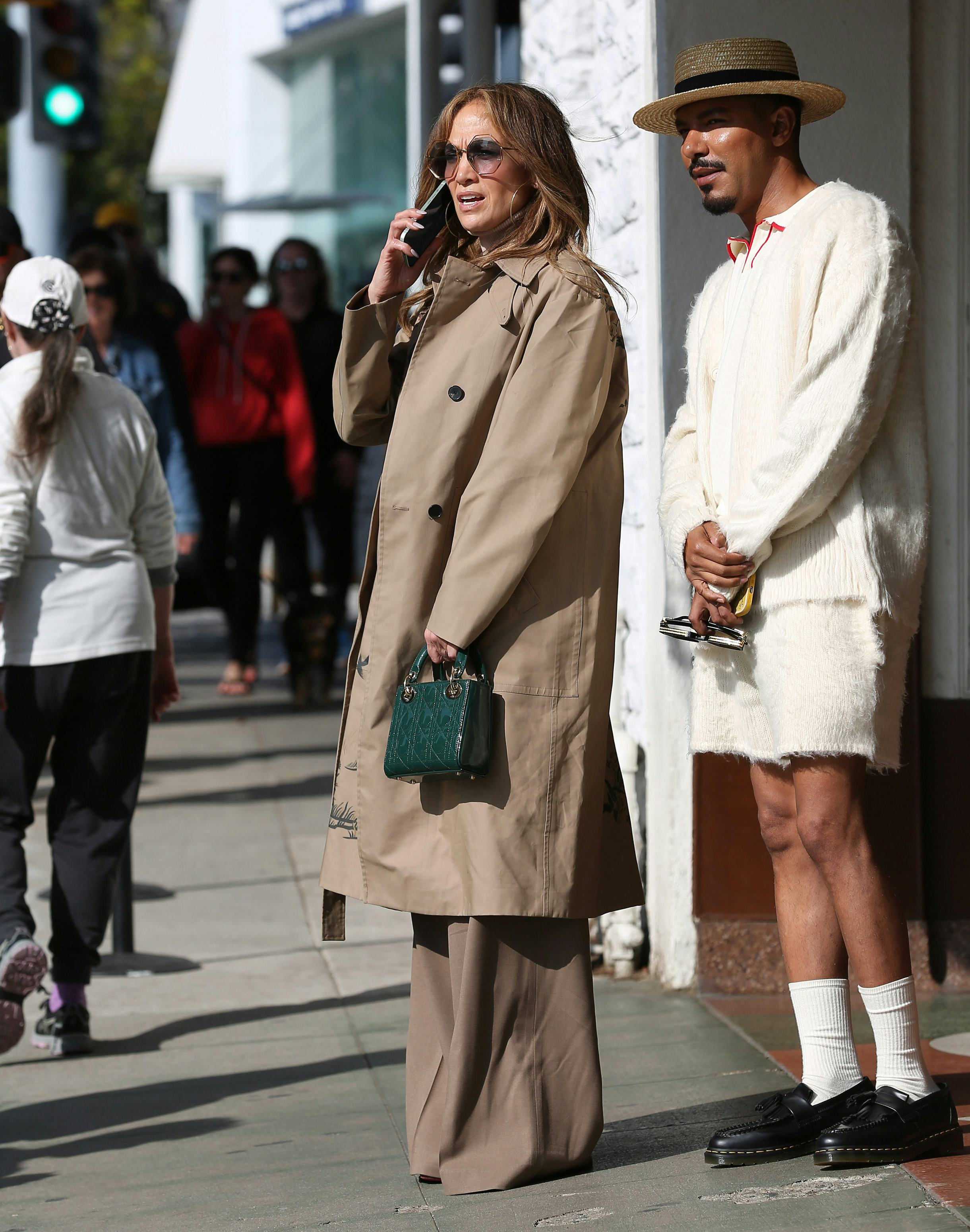 Jennifer Lopez is seen in Los Angeles, California wearing a khaki trench coat and green lady dior ba&hellip;