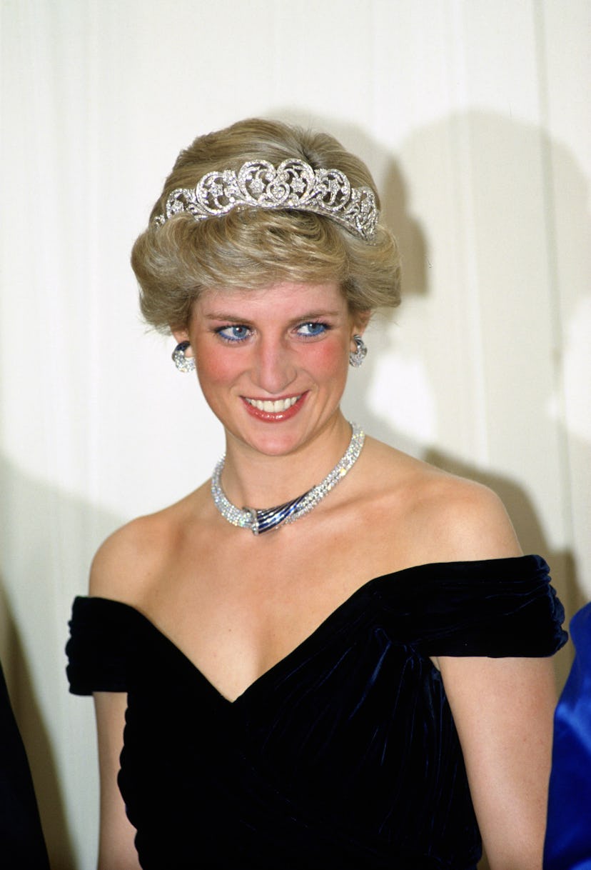 Diana, Princess of Wales wears a sapphire and diamond necklace, which was a gift from the Sultan of …