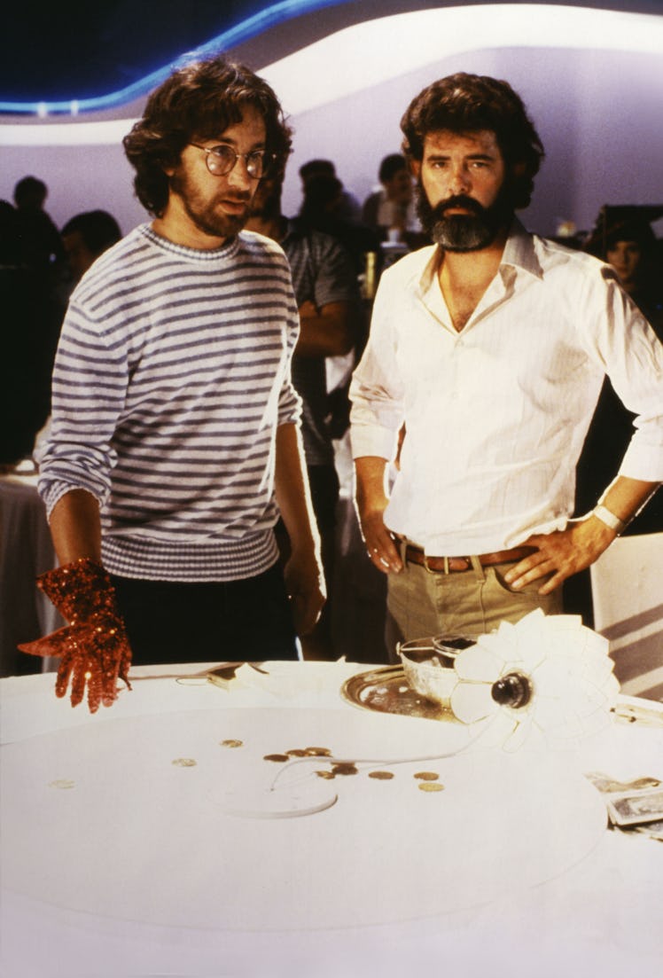 Director Steven Spielberg and producer George Lucas on the set of "Indiana Jones and the Temple of D...