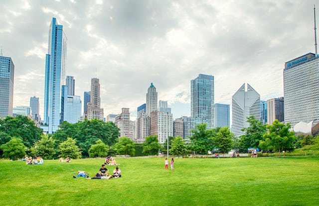 Chicago skyline with skyscrapers viewed from City park in Downtown Chicago in summer time.