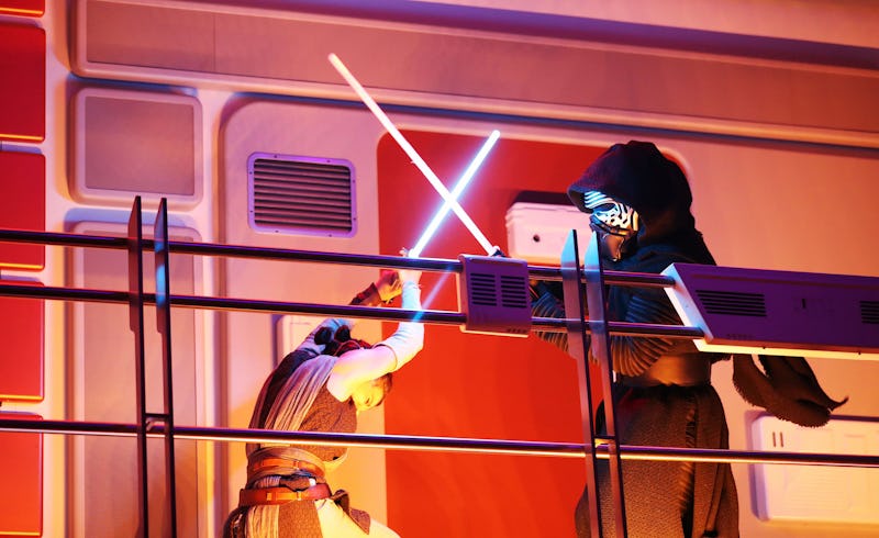 Rey battles Kylo Ren as part of the media preview of the Star Wars Galactic Starcruiser Experience a...