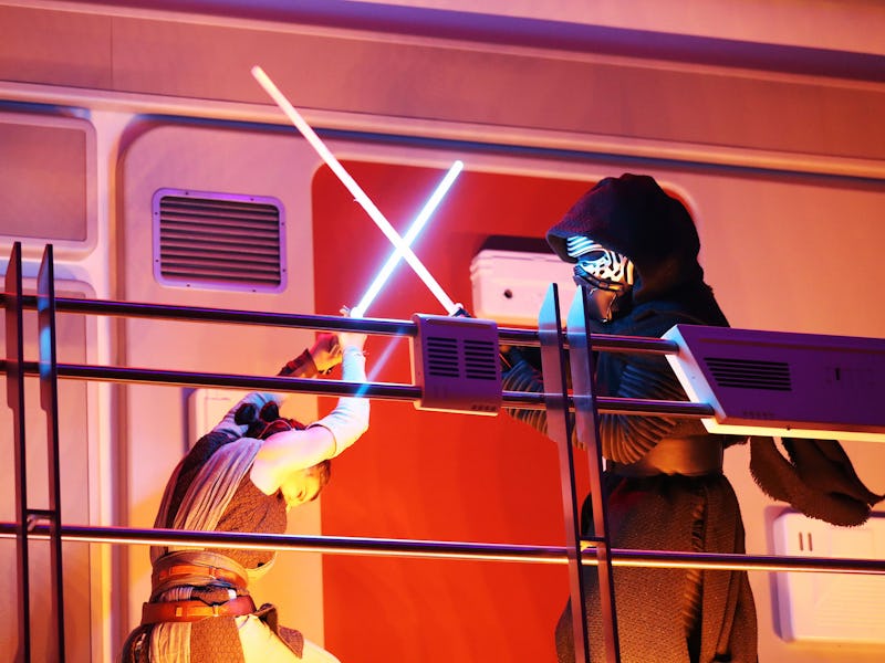 Rey battles Kylo Ren as part of the media preview of the Star Wars Galactic Starcruiser Experience a...